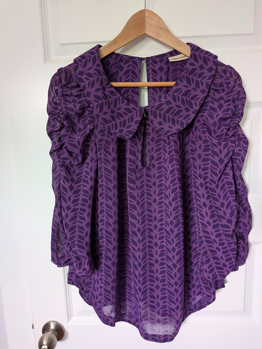 DKNY Jeans Purple Printed Ruffle-Sleeve Blouse